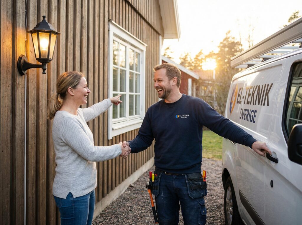 elektriker och nöjd kund utanför ett hus